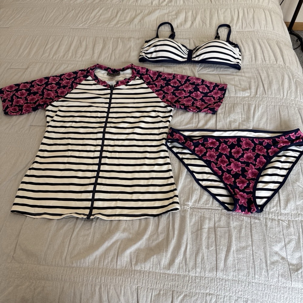 Tommy Bahama Set (3) Stripe Floral Bandeau Bikini & Rash Guard Sz M Navy Magenta